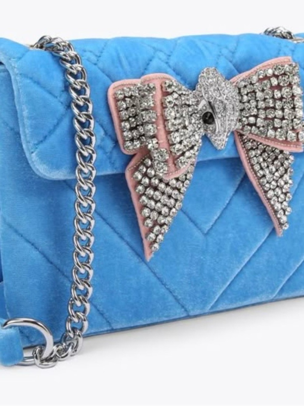 Kurt Geiger Blue Quilted Velvet Crossbody with Crystal Bow - Picture 5 of 6